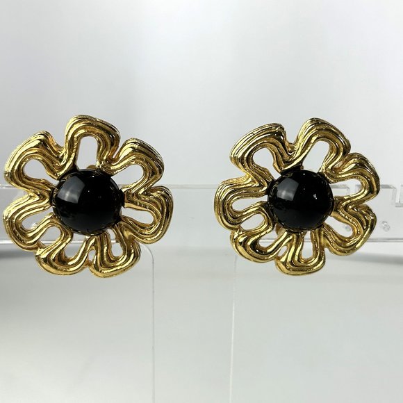 Givenchy Gold Flower Clip On Earrings with Black Cabochon - Picture 3 of 7